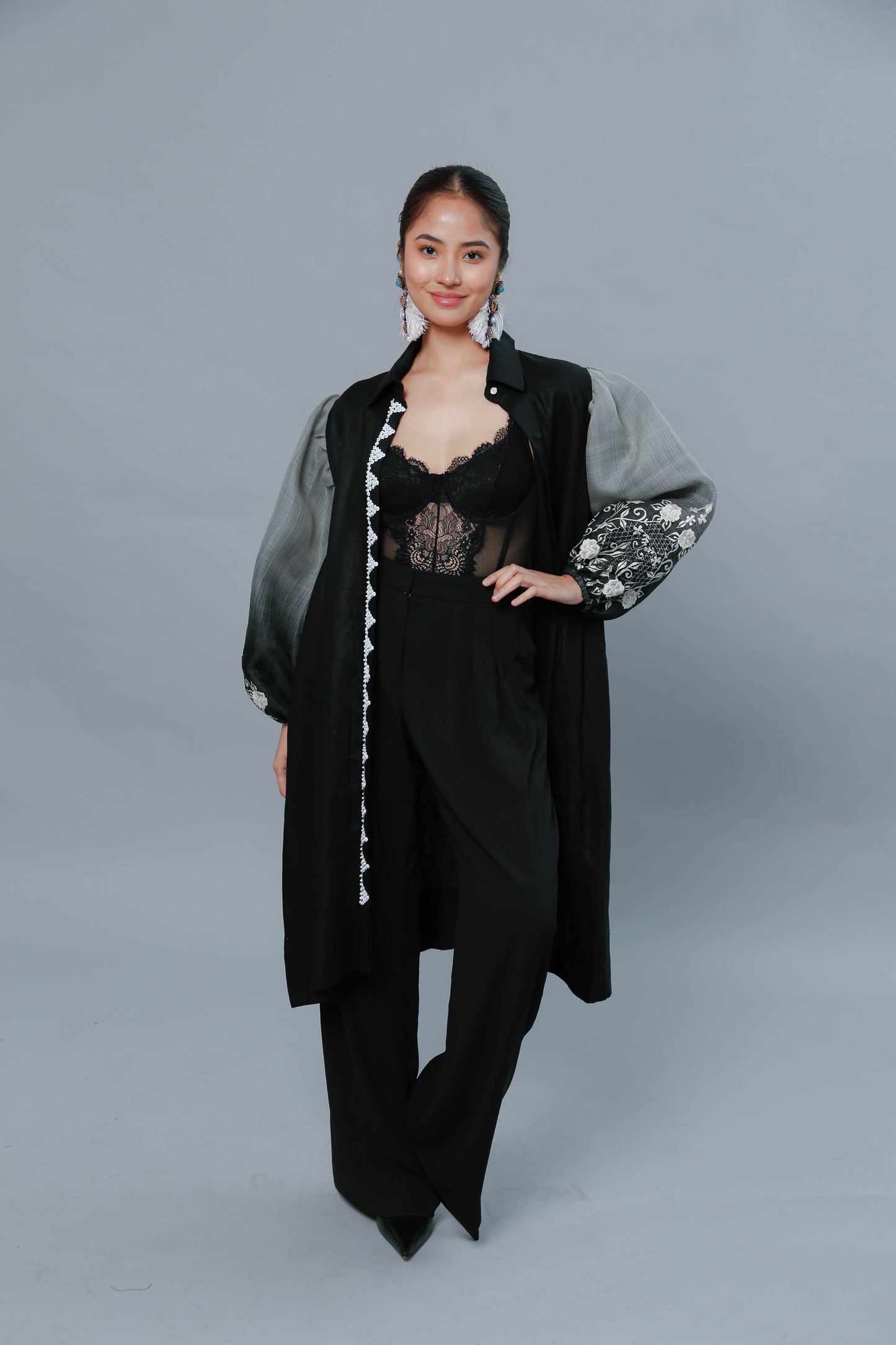 Ninang Duties Pure Black Linen Multi Purpose Dress with Callado Embroidery on Piña