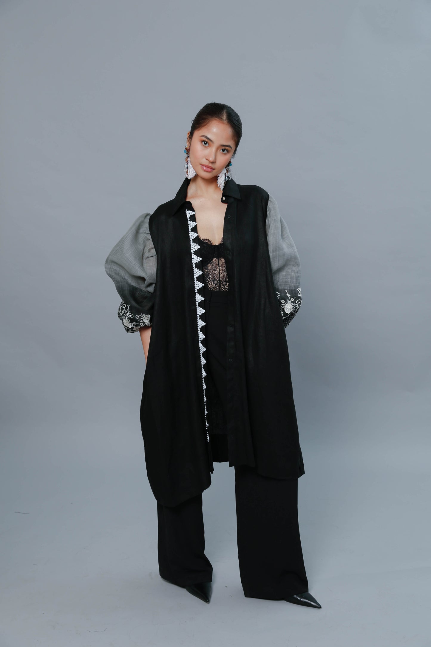 Ninang Duties Pure Black Linen Multi Purpose Dress with Callado Embroidery on Piña