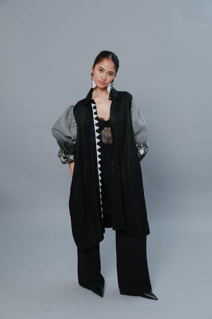 Ninang Duties Pure Black Linen Multi Purpose Dress with Callado Embroidery on Piña