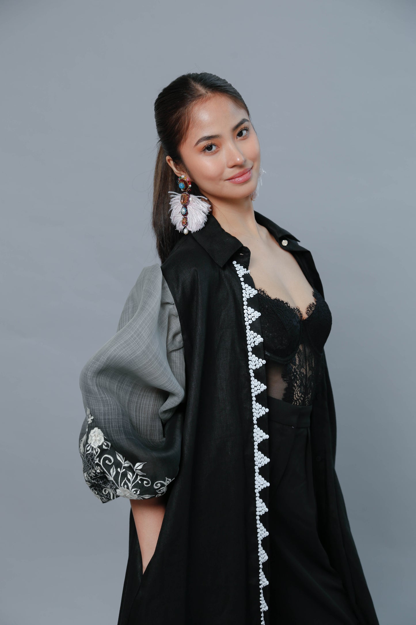 Ninang Duties Pure Black Linen Multi Purpose Dress with Callado Embroidery on Piña