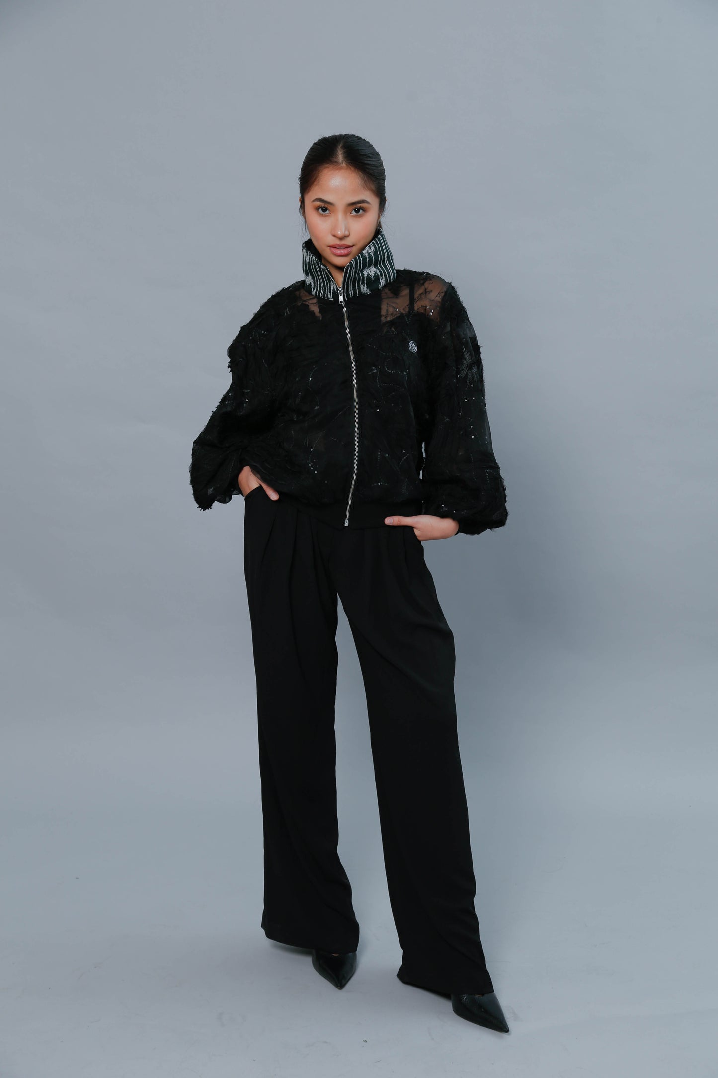 Bida Bida Black Cotton Tnalak Bomber Jacket