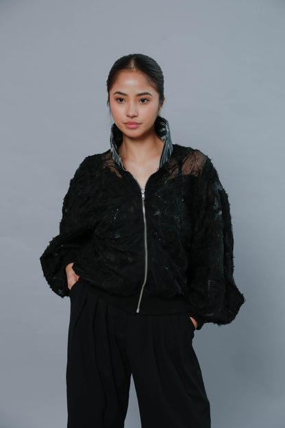 Bida Bida Black Cotton Tnalak Bomber Jacket