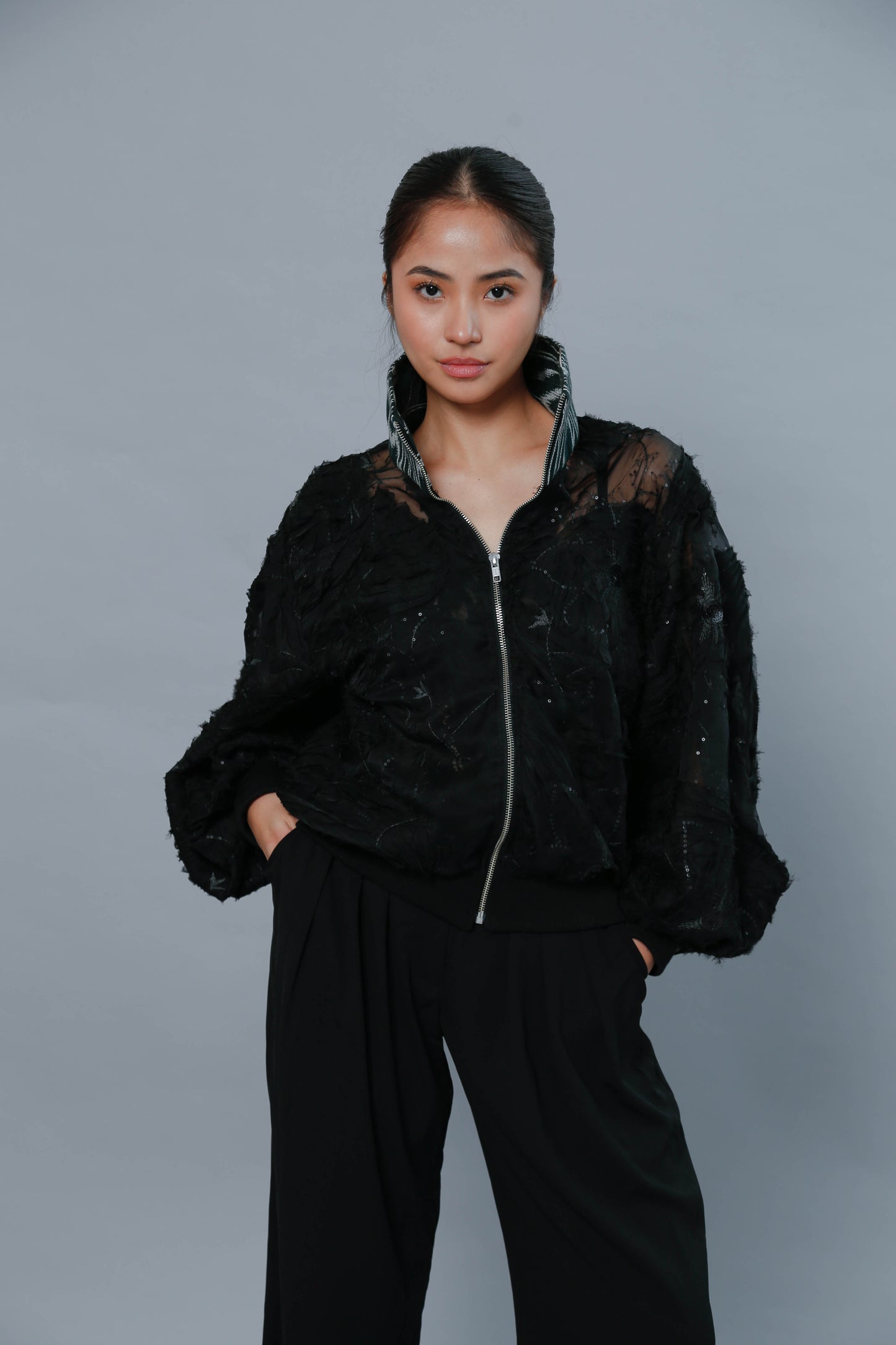 Bida Bida Black Cotton Tnalak Bomber Jacket