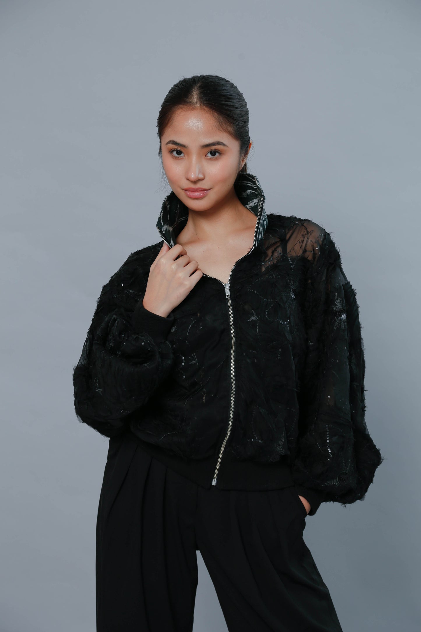 Bida Bida Black Cotton Tnalak Bomber Jacket