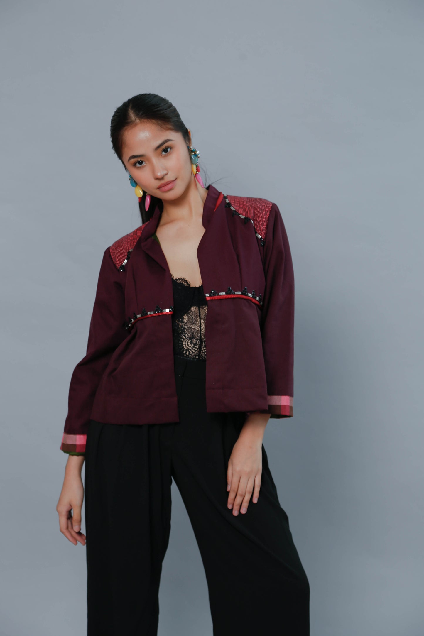 Burgundy Crop Kimono with Binakol Weave and Hand Embroidery