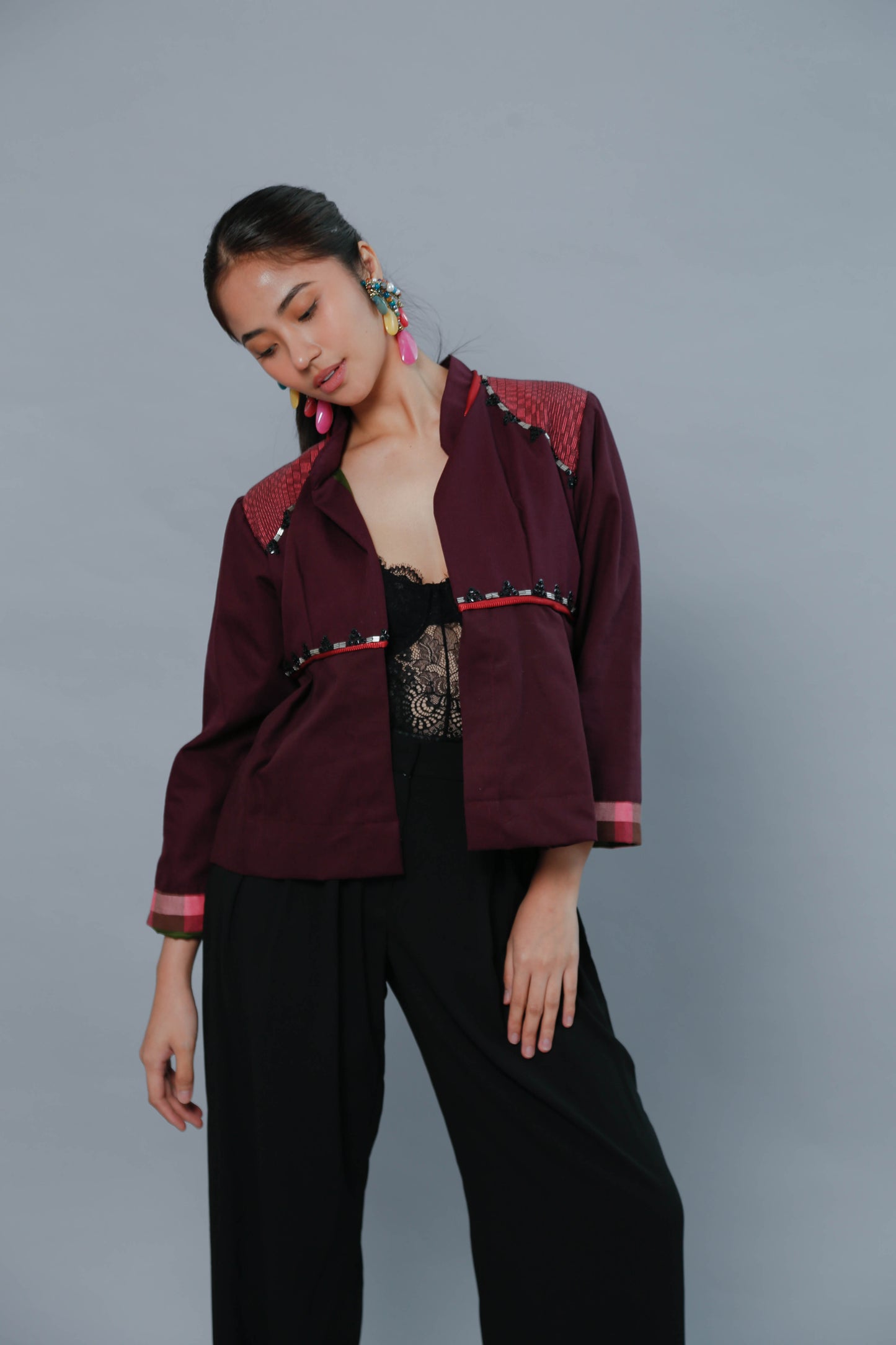 Burgundy Crop Kimono with Binakol Weave and Hand Embroidery