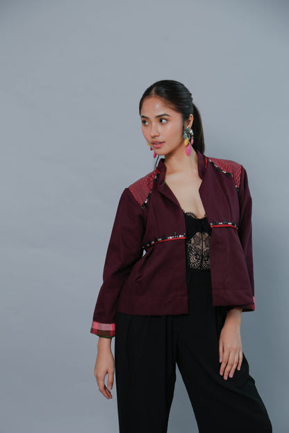 Burgundy Crop Kimono with Binakol Weave and Hand Embroidery