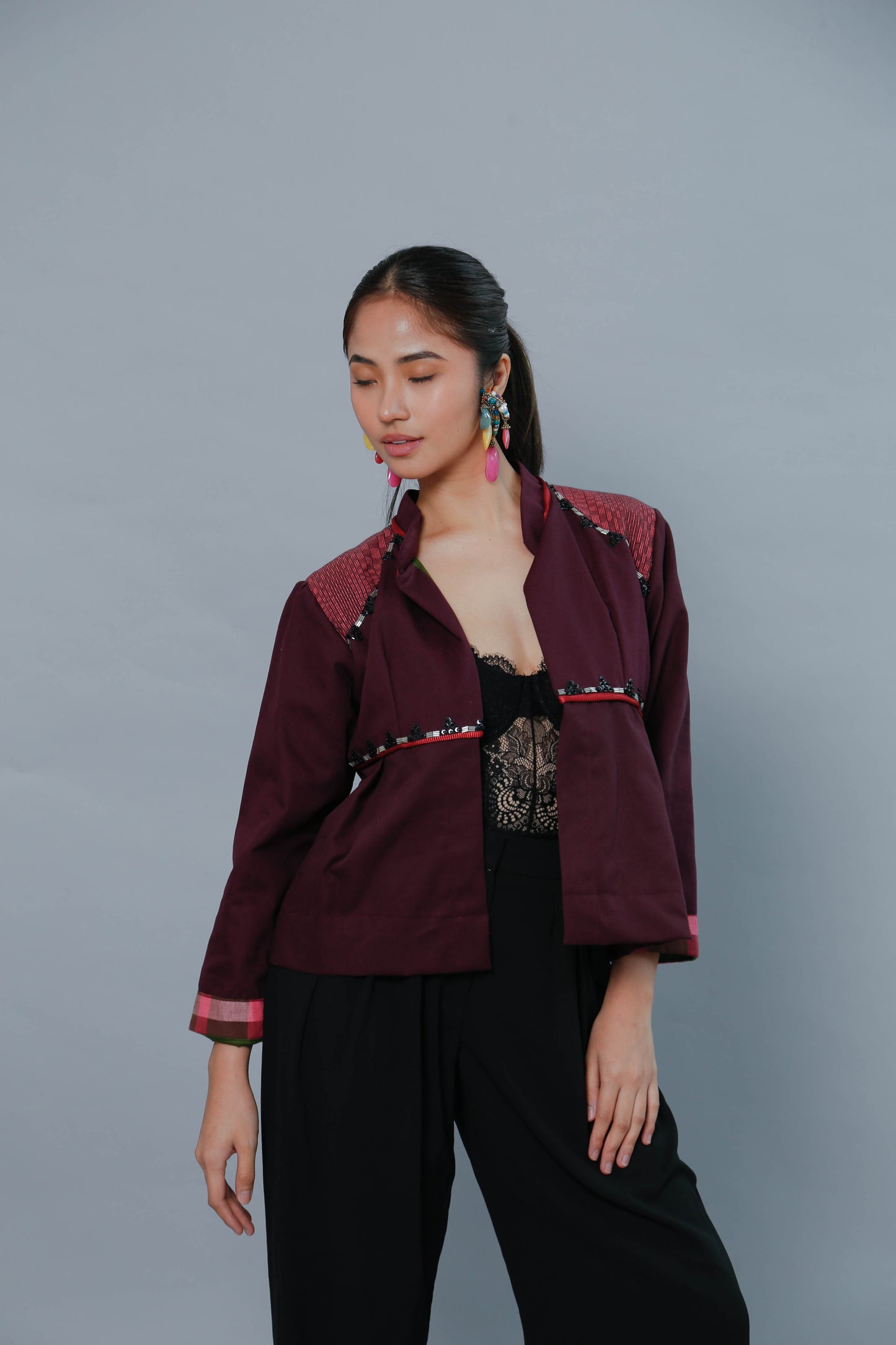 Burgundy Crop Kimono with Binakol Weave and Hand Embroidery