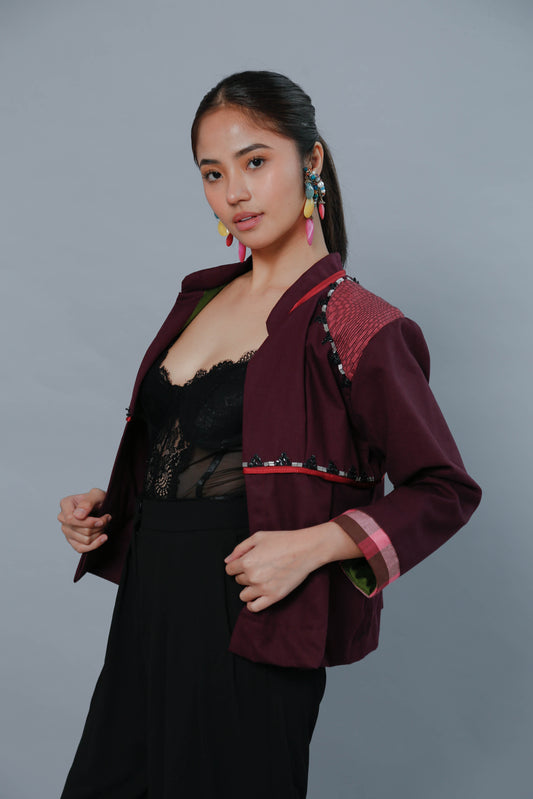 Burgundy Crop Kimono with Binakol Weave and Hand Embroidery