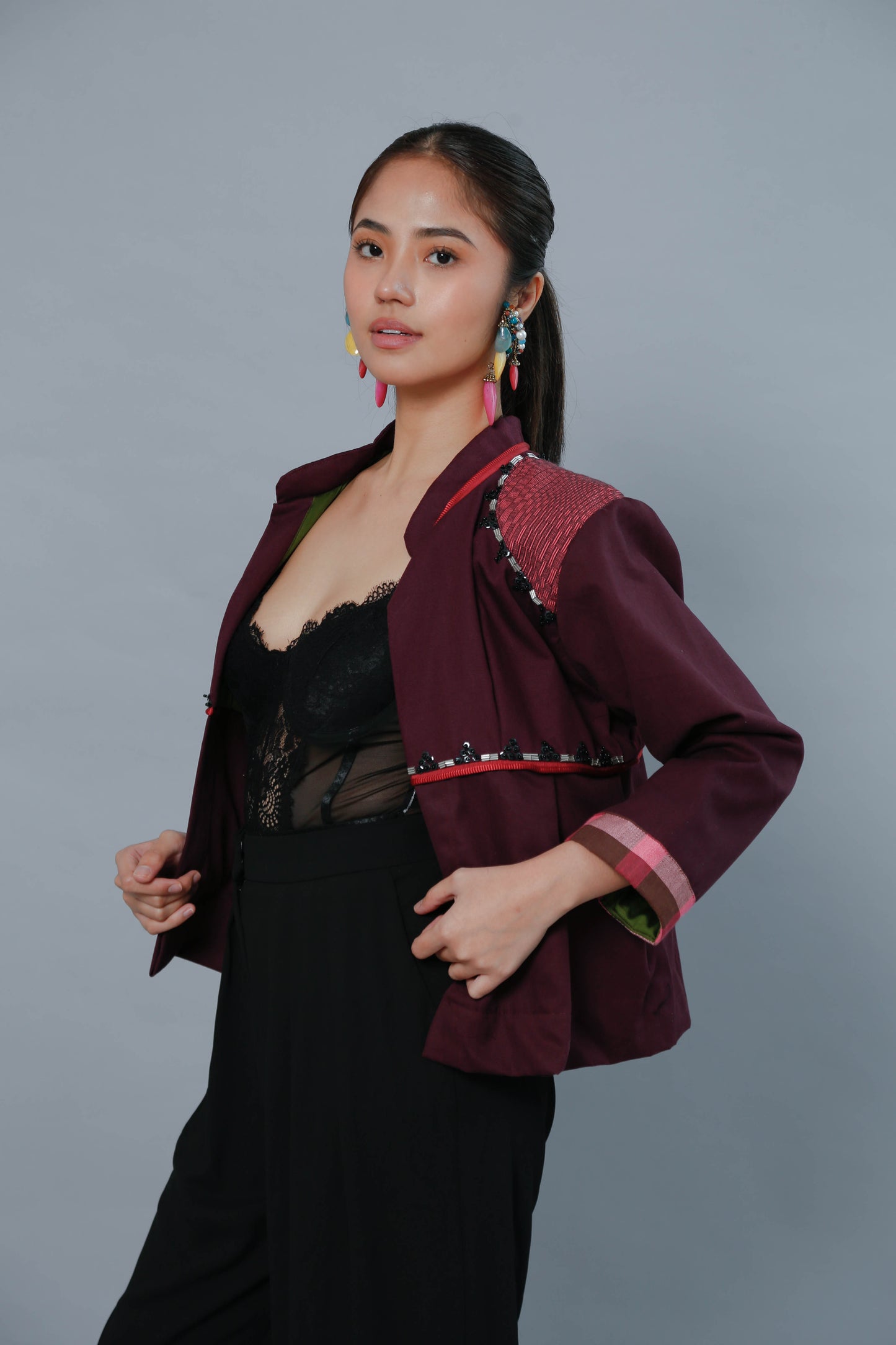 Burgundy Crop Kimono with Binakol Weave and Hand Embroidery