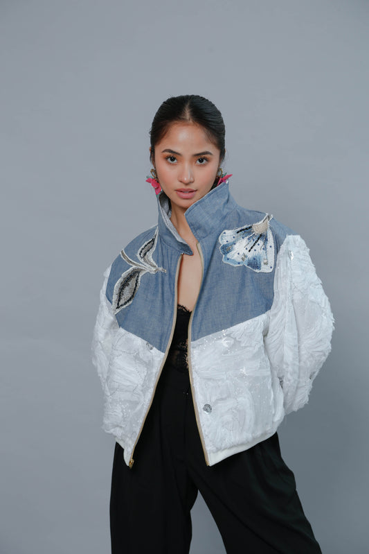 Ulap Bomber Jacket in Binakol Weave and Floral Applique