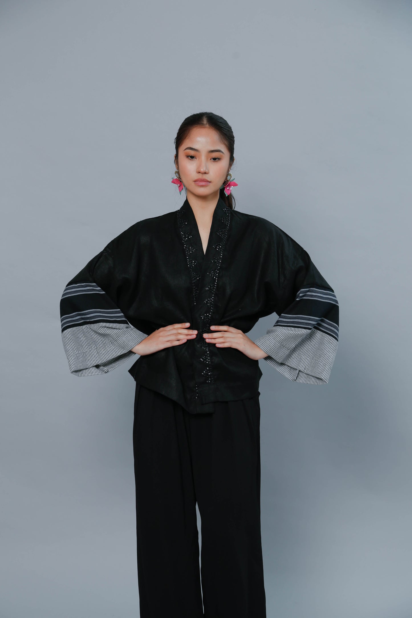 Gabing Mapayapa Kimono Poncho in Pure Linen and Stripes Kantarines Weave