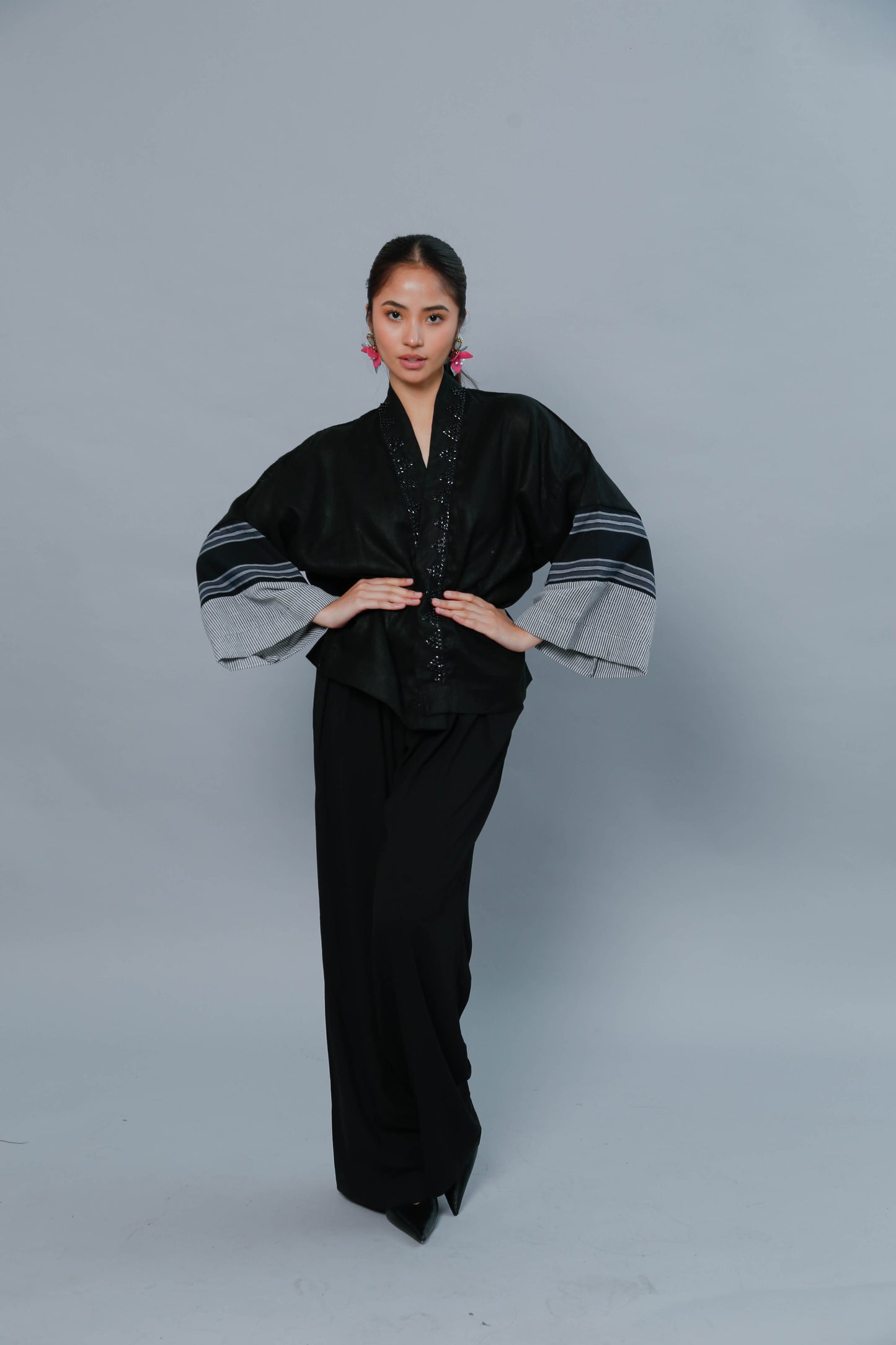 Gabing Mapayapa Kimono Poncho in Pure Linen and Stripes Kantarines Weave