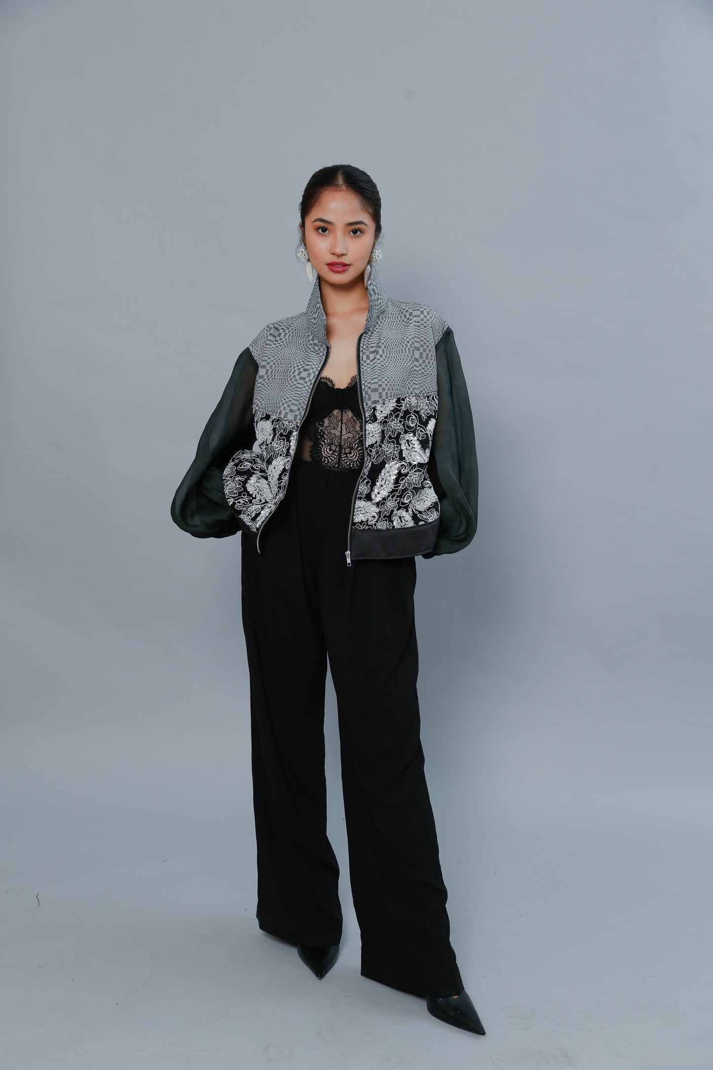 Importanteng Lakad Black Bomber Jacket with Piña Sleeve