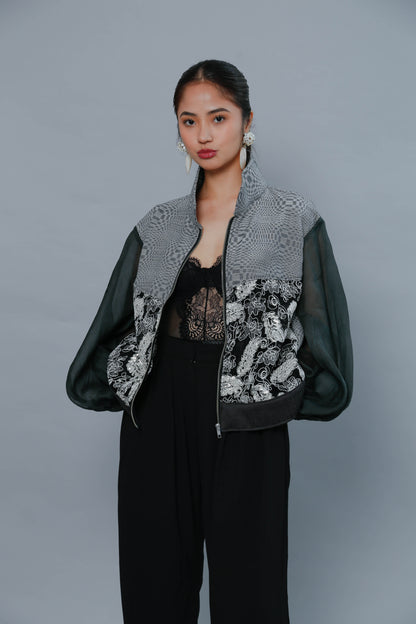 Importanteng Lakad Black Bomber Jacket with Piña Sleeve