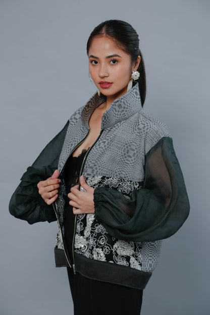 Importanteng Lakad Black Bomber Jacket with Piña Sleeve