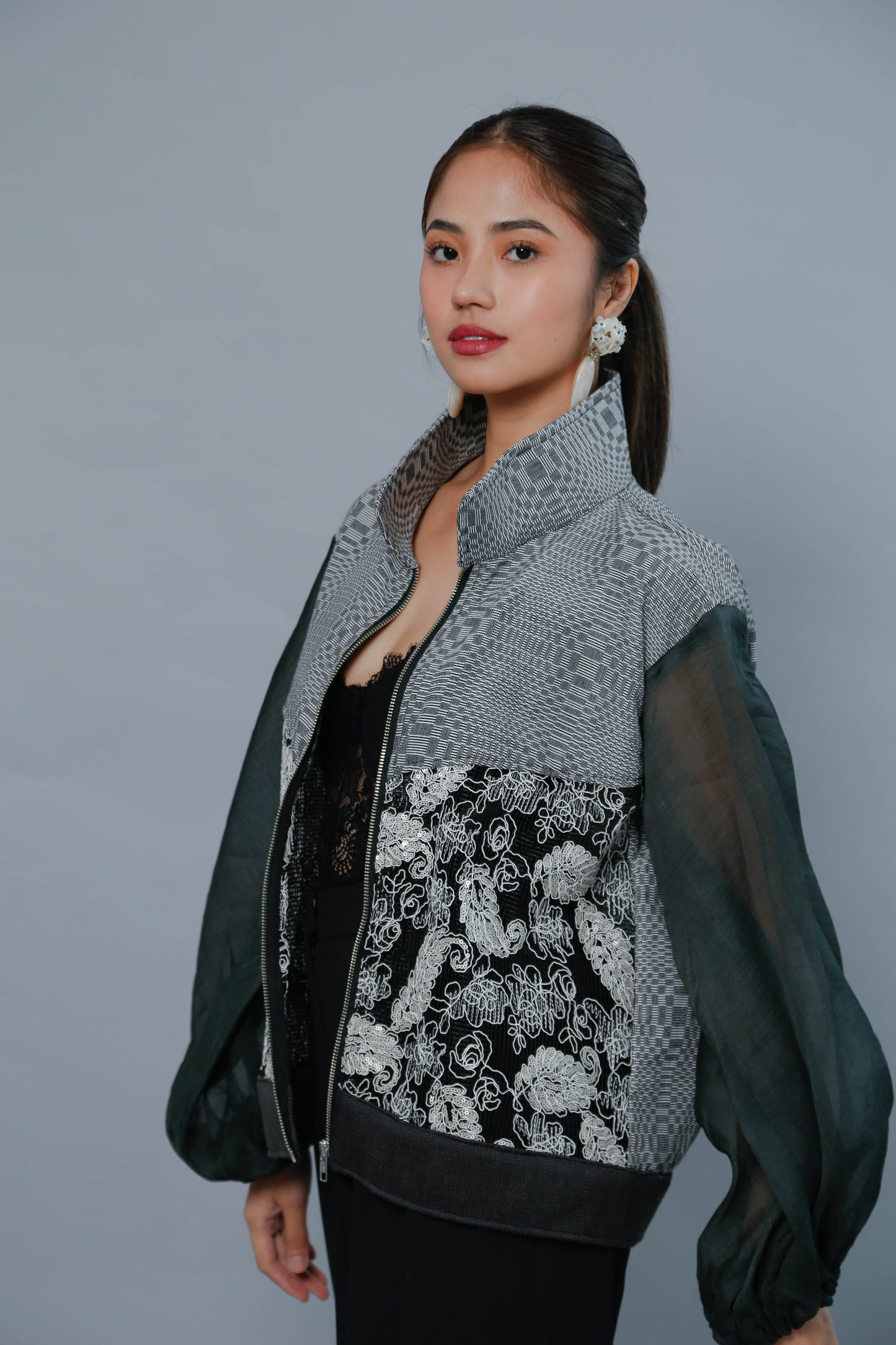 Importanteng Lakad Black Bomber Jacket with Piña Sleeve