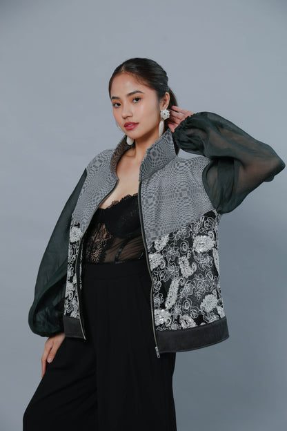 Importanteng Lakad Black Bomber Jacket with Piña Sleeve