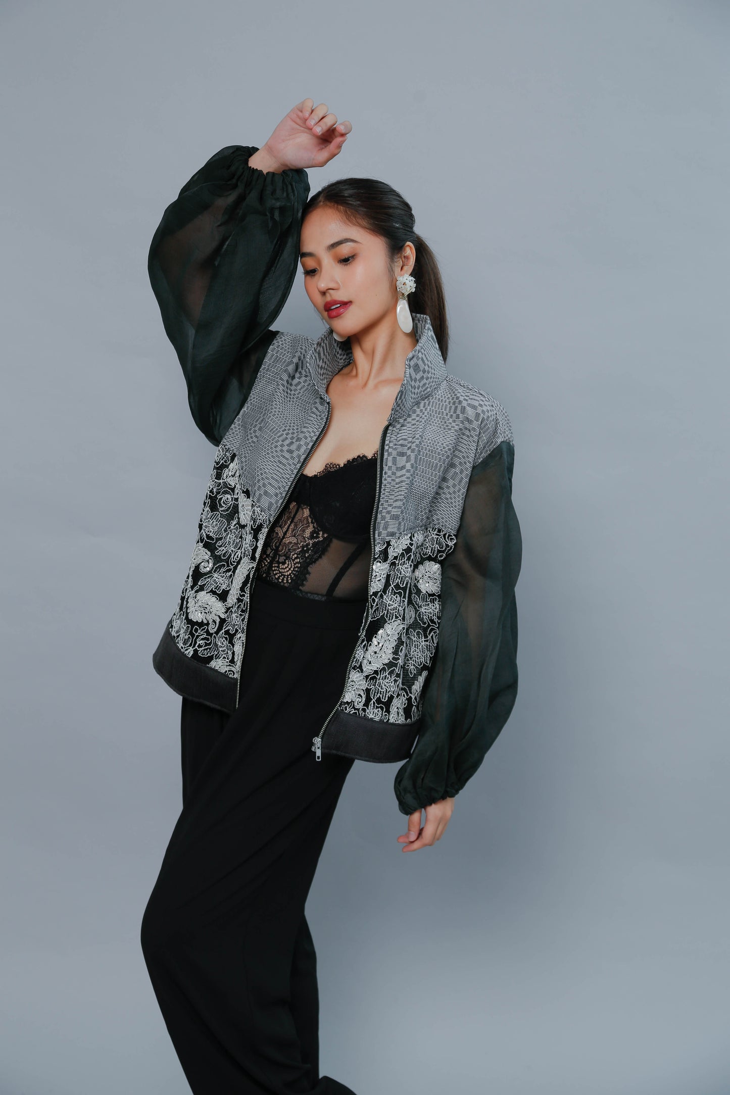 Importanteng Lakad Black Bomber Jacket with Piña Sleeve