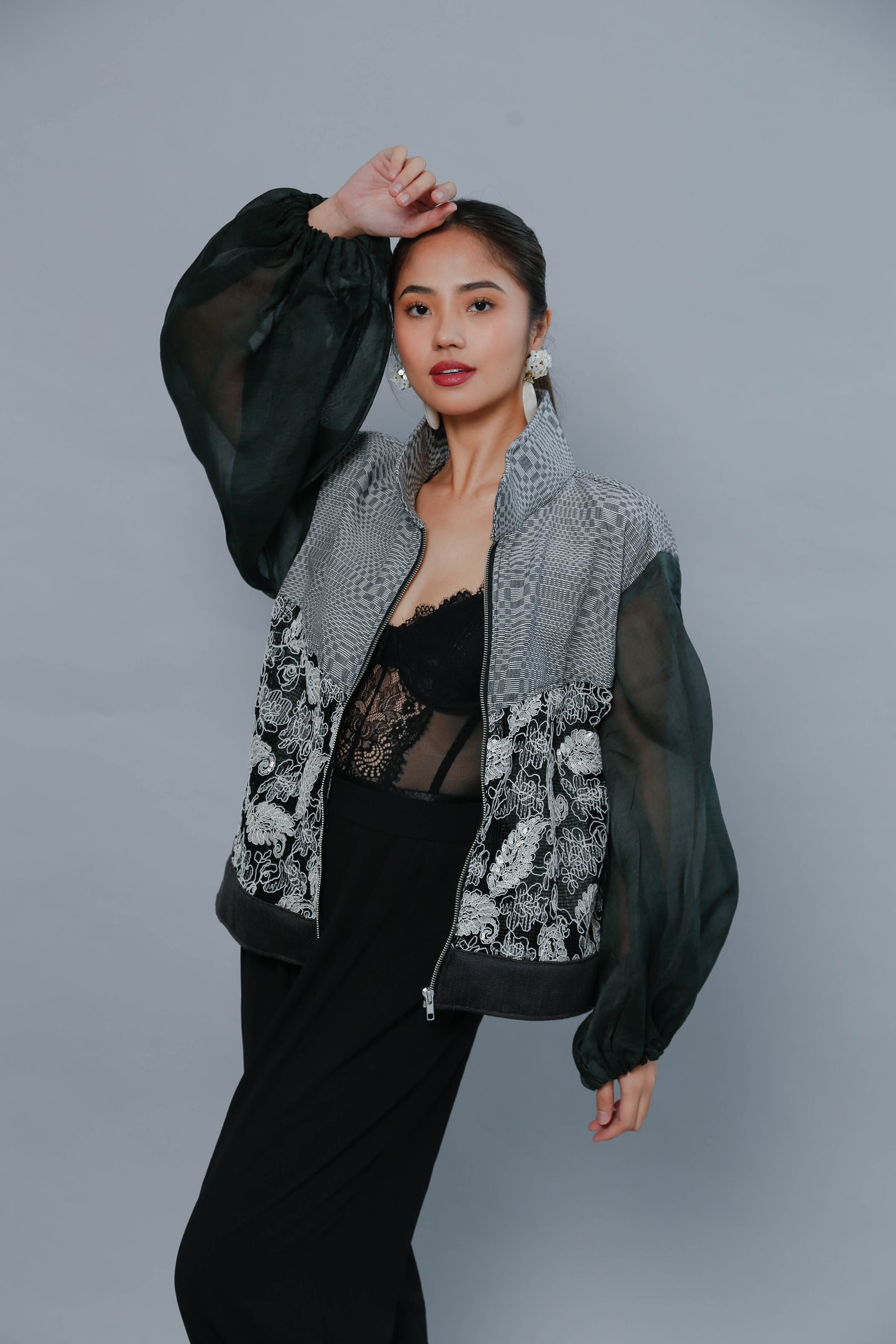 Importanteng Lakad Black Bomber Jacket with Piña Sleeve