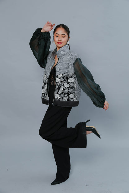 Importanteng Lakad Black Bomber Jacket with Piña Sleeve