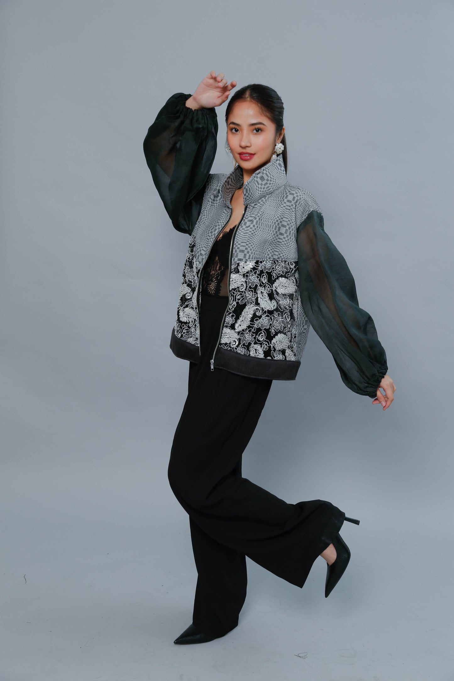 Importanteng Lakad Black Bomber Jacket with Piña Sleeve