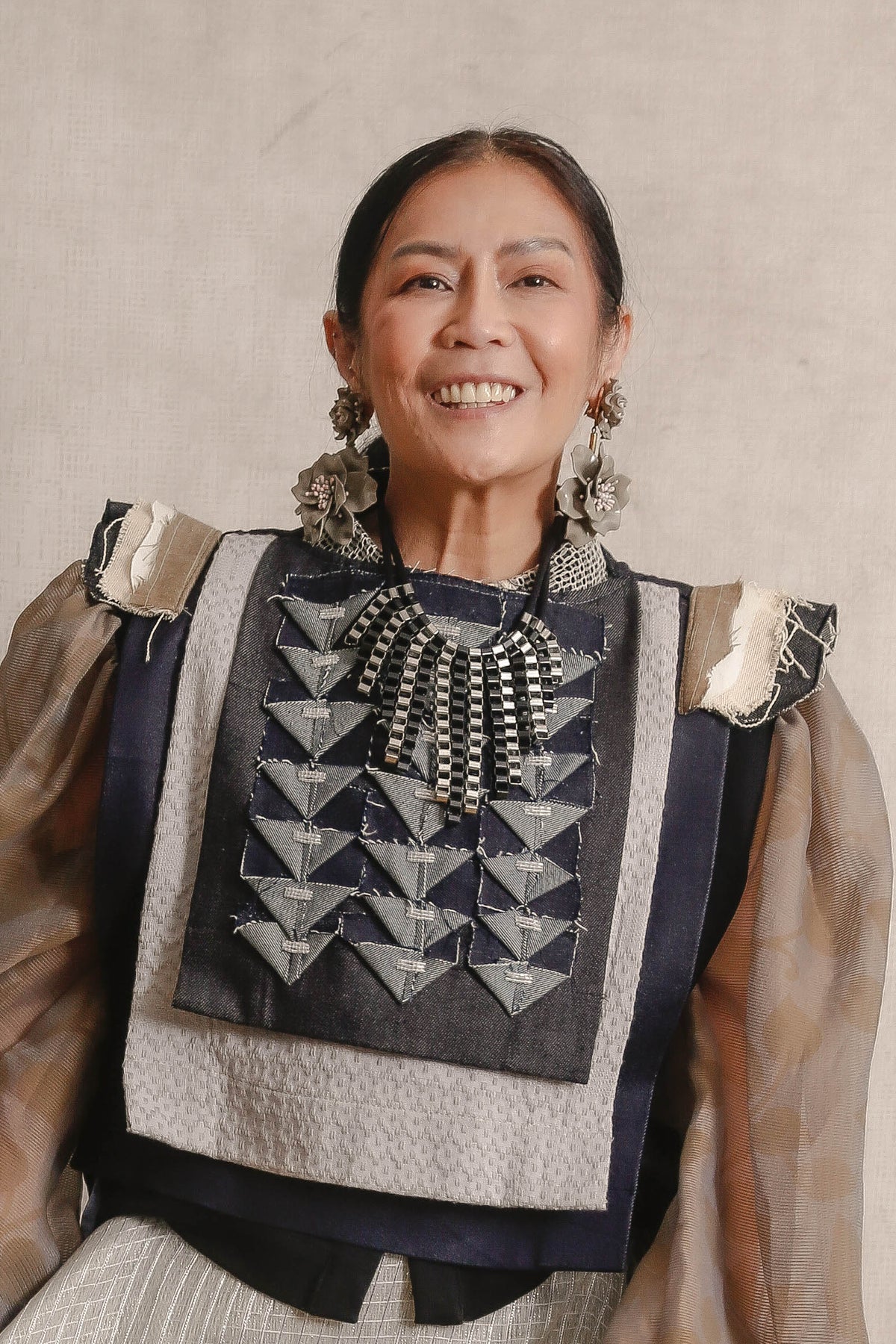 BIB IN DENIM WITH TRIANGLE ACCENT WITH BEADWORKS