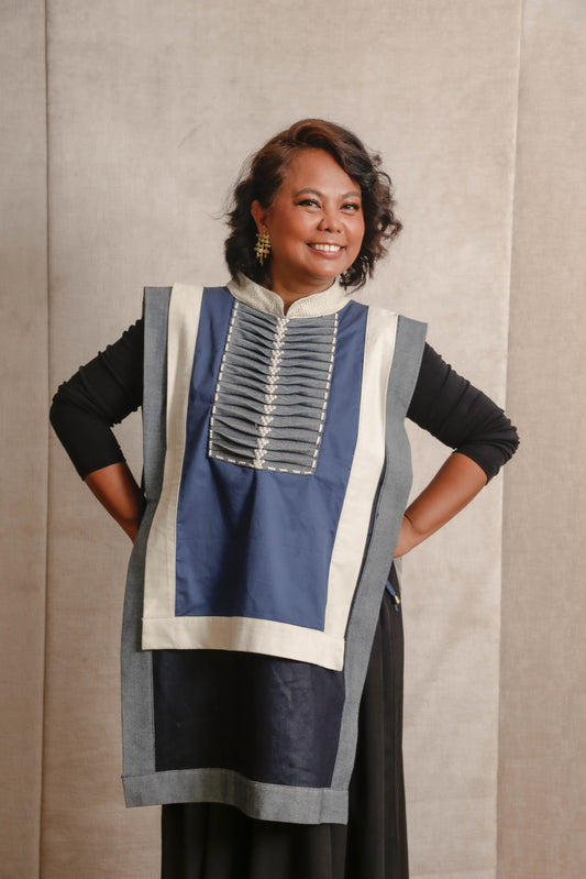 MADALING PARAAN LONG BIB IN BLUE DENIM WITH CALADO COLLAR