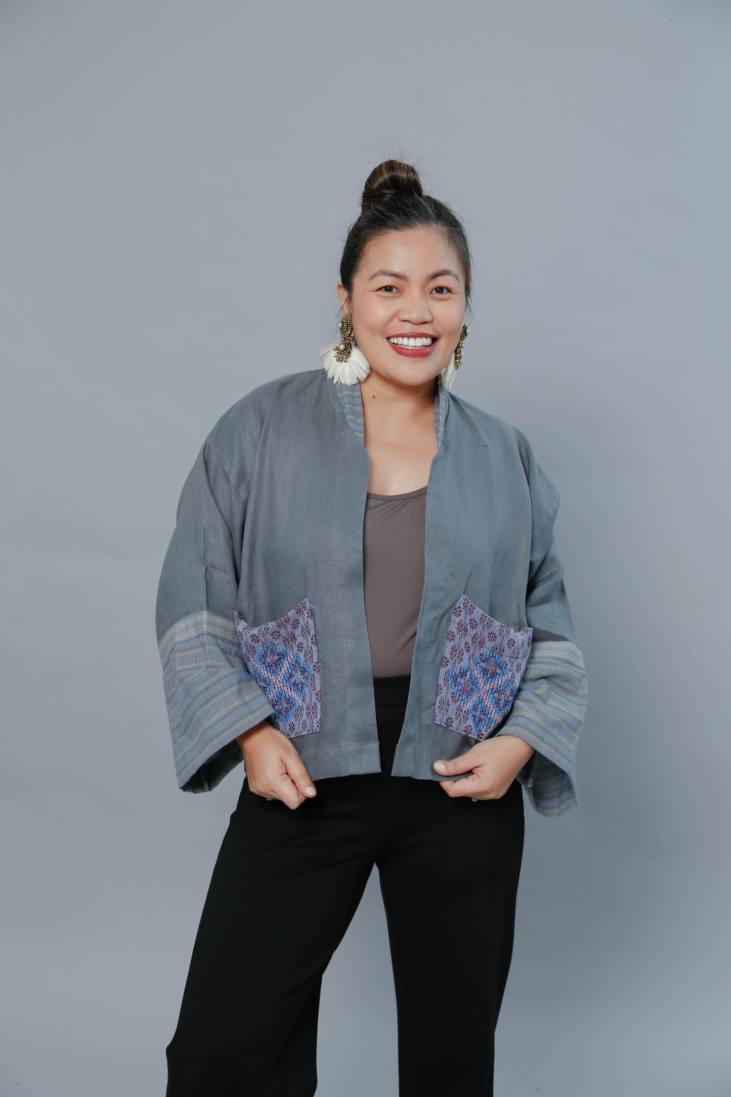 Premium Linen Kimono Poncho in Blue Grey with T'boli Hand Embroidery