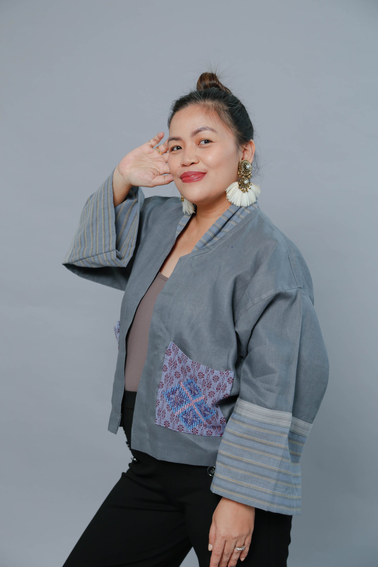 Premium Linen Kimono Poncho in Blue Grey with T'boli Hand Embroidery