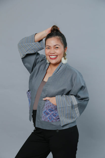 Premium Linen Kimono Poncho in Blue Grey with T'boli Hand Embroidery