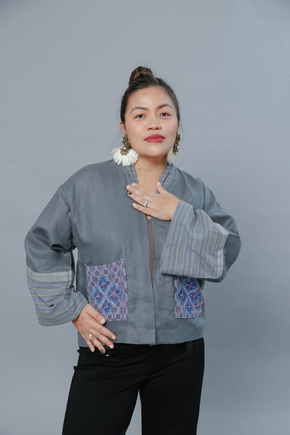 Premium Linen Kimono Poncho in Blue Grey with T'boli Hand Embroidery