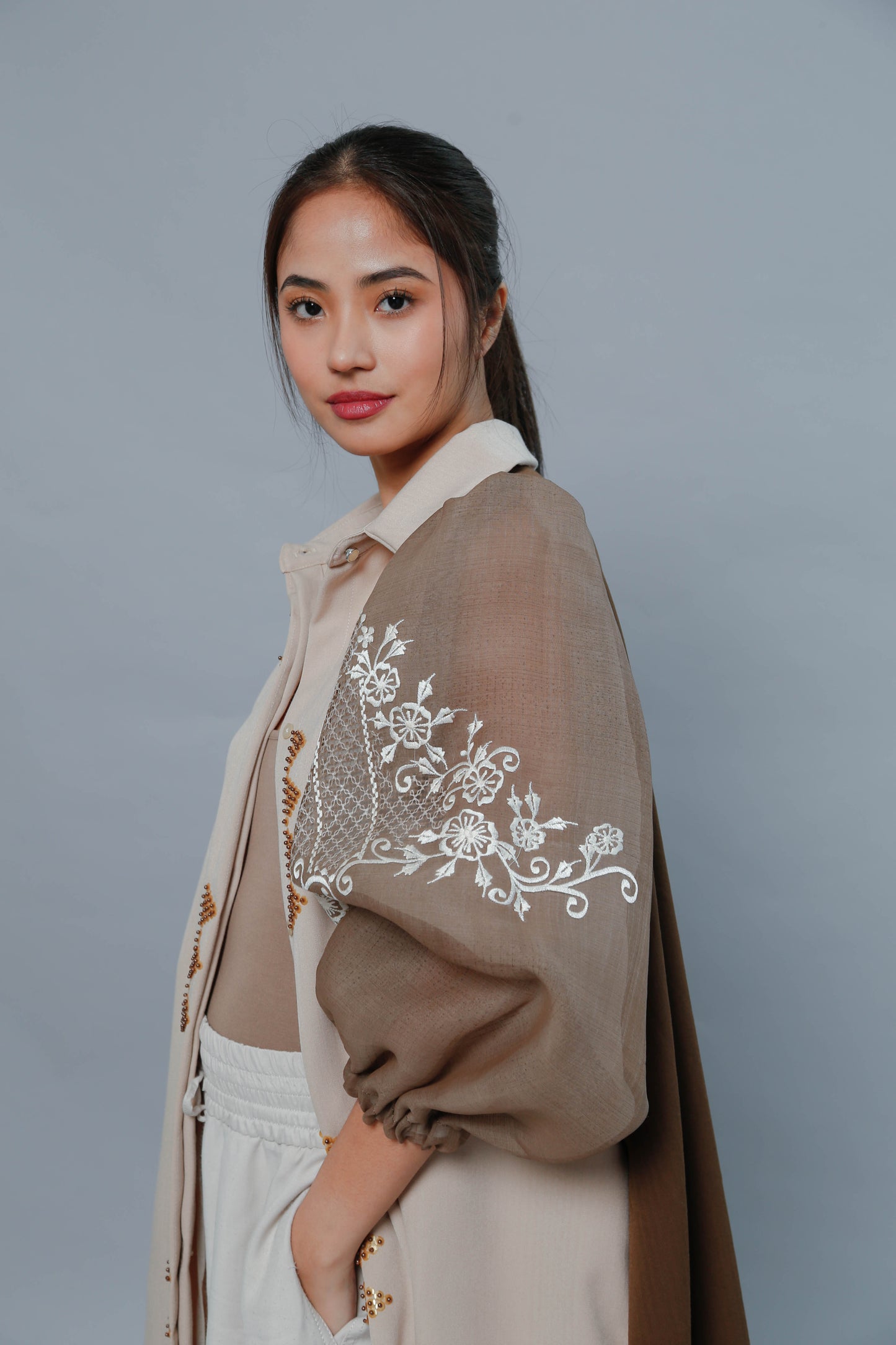 Ninang Duties Pure Brown Linen Multi Purpose Dress with Callado Embroidery on Pina