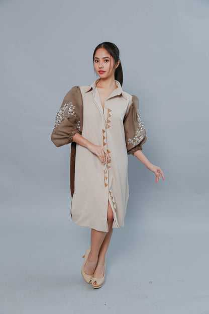 Ninang Duties Pure Brown Linen Multi Purpose Dress with Callado Embroidery on Pina