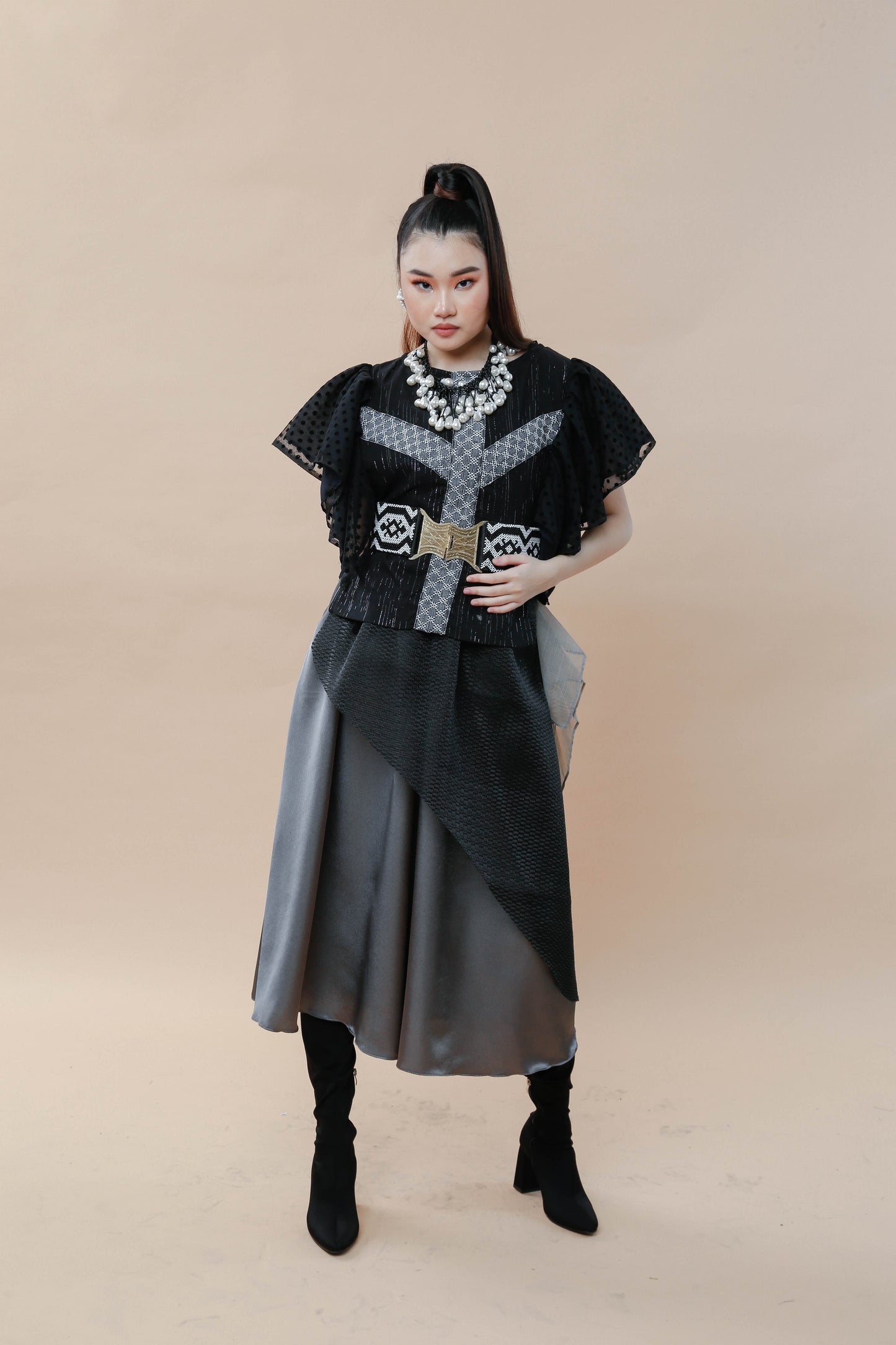 Kundiman Black Bib with Ruffled Sleeves