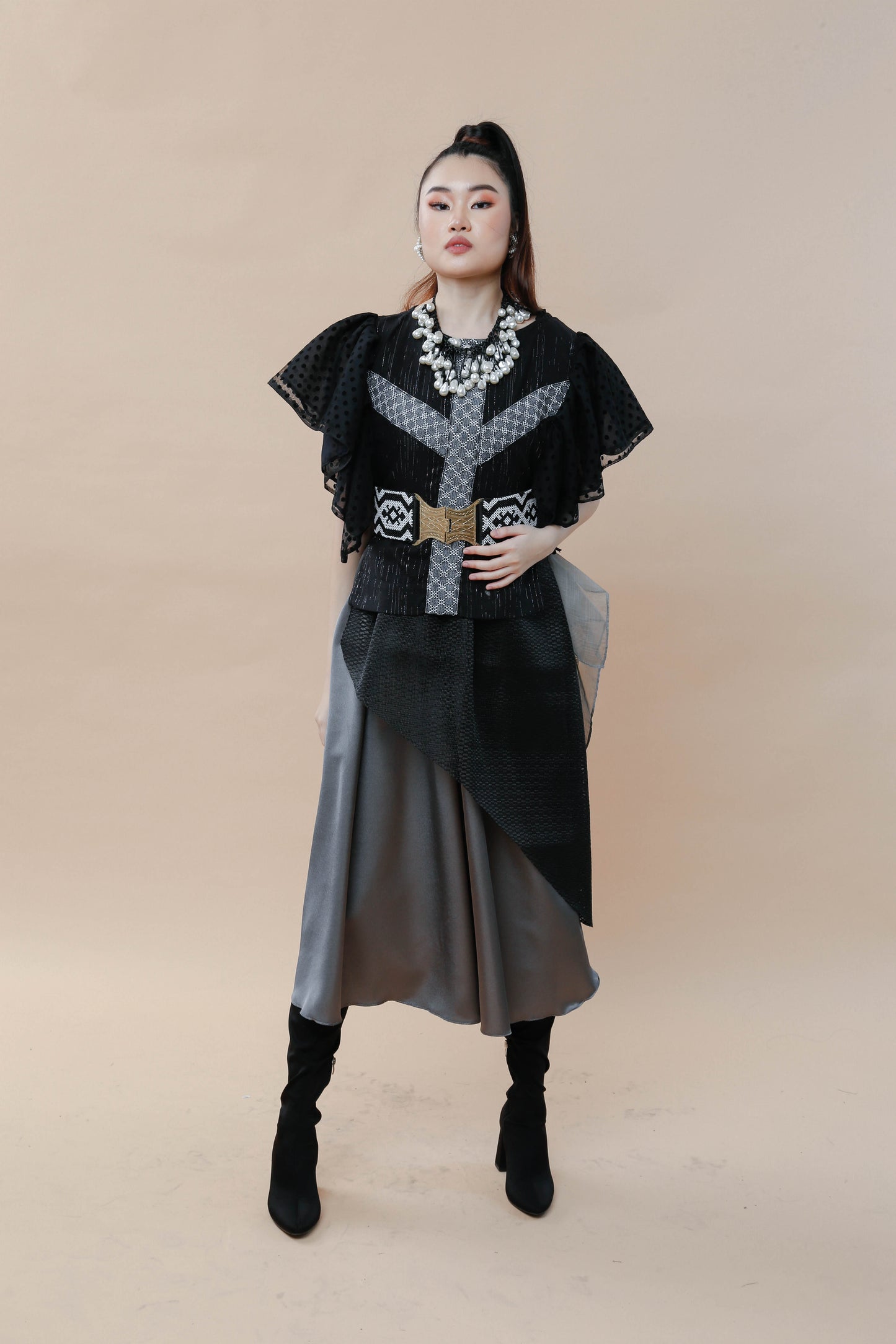 Kundiman Black Bib with Ruffled Sleeves