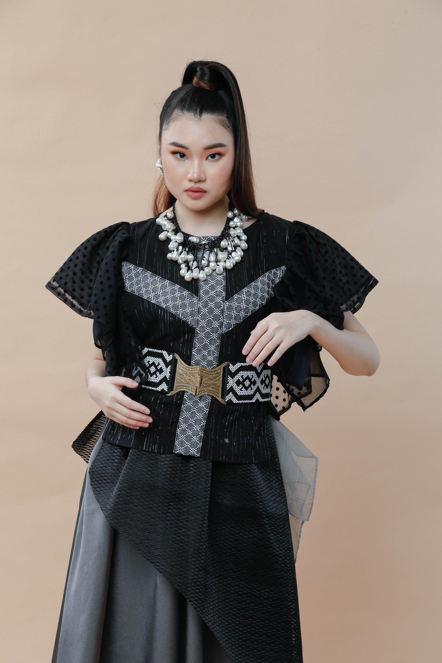 Kundiman Black Bib with Ruffled Sleeves