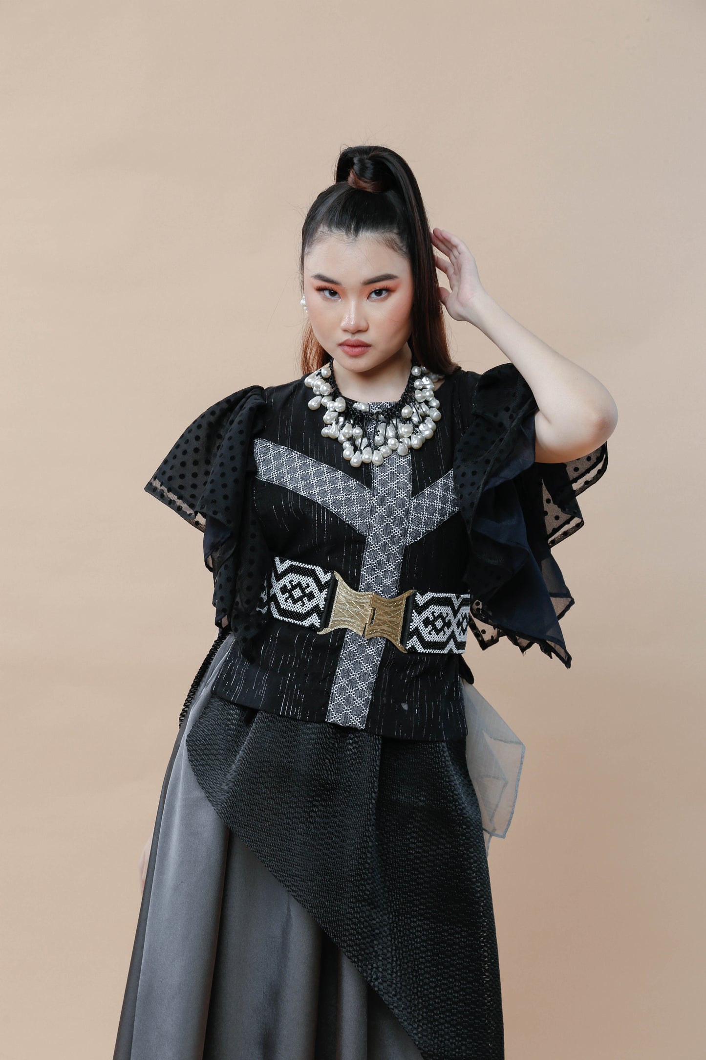 Kundiman Black Bib with Ruffled Sleeves