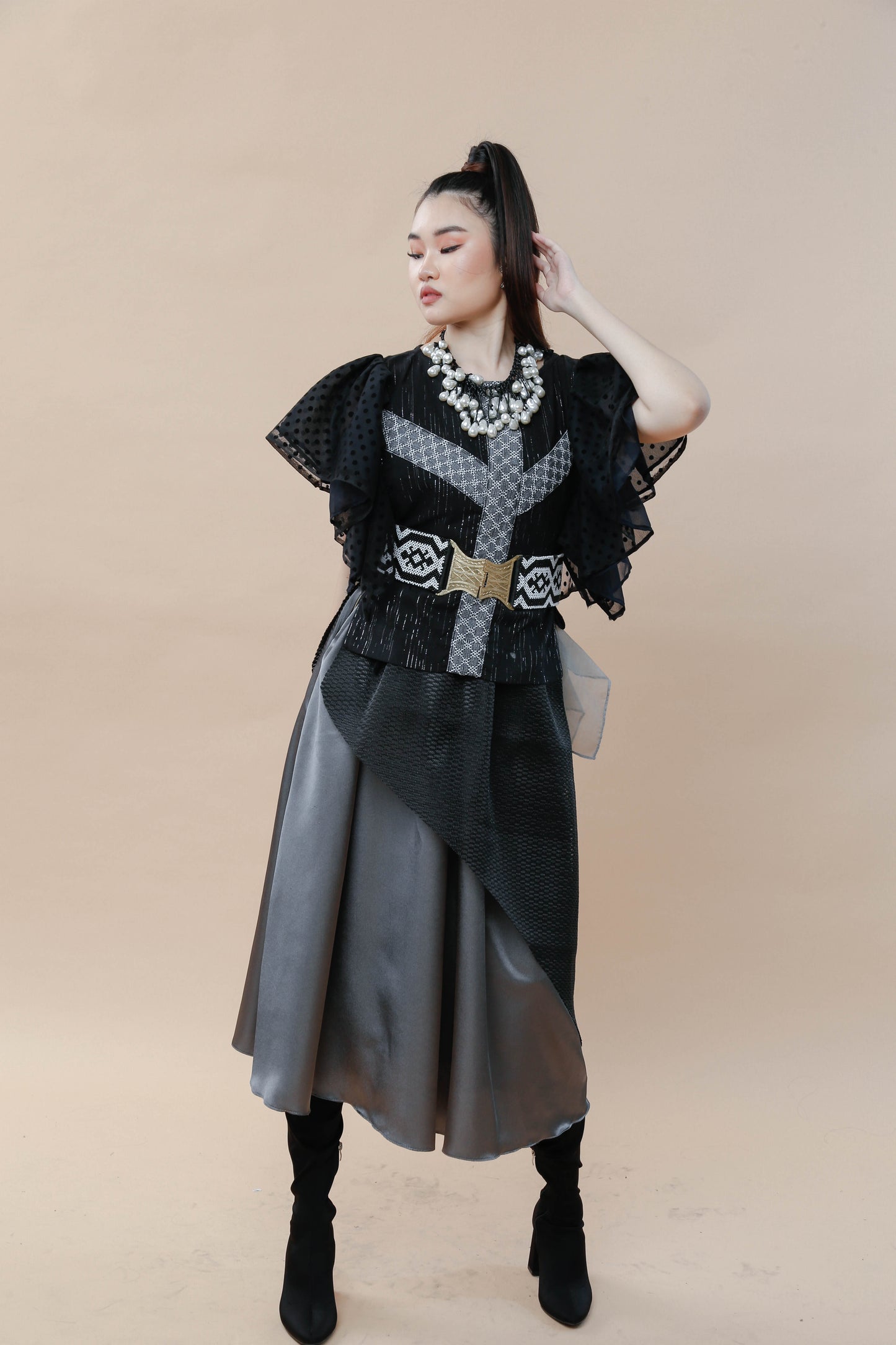 Kundiman Black Bib with Ruffled Sleeves