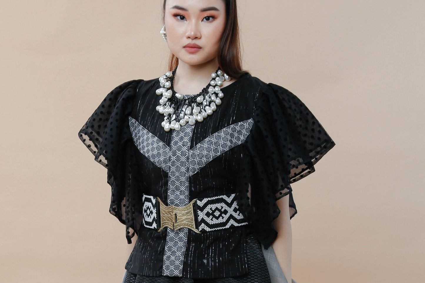 Kundiman Black Bib with Ruffled Sleeves