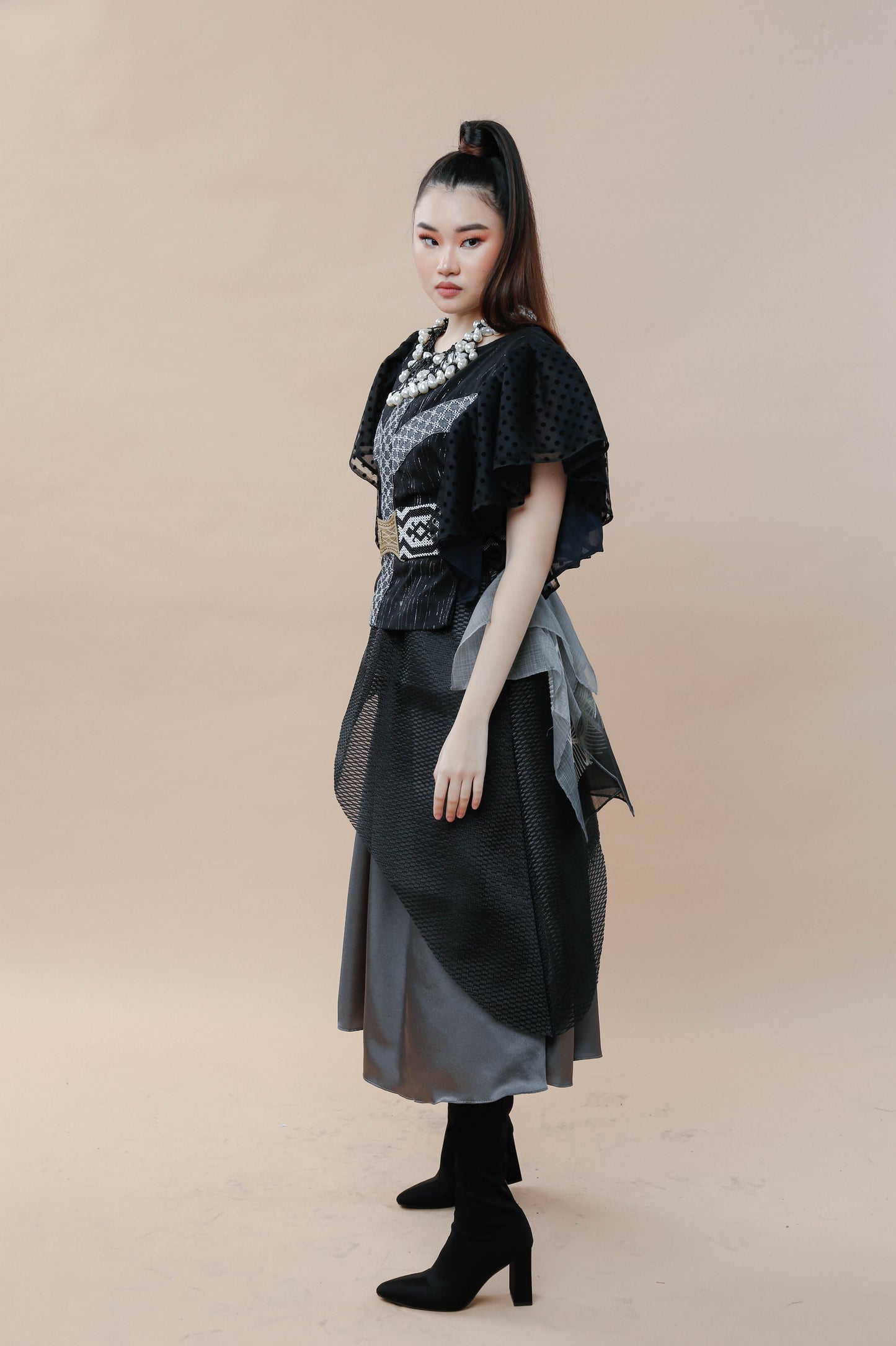 Kundiman Black Bib with Ruffled Sleeves