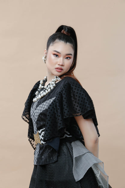 Kundiman Black Bib with Ruffled Sleeves