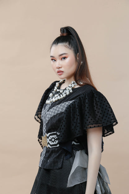 Kundiman Black Bib with Ruffled Sleeves