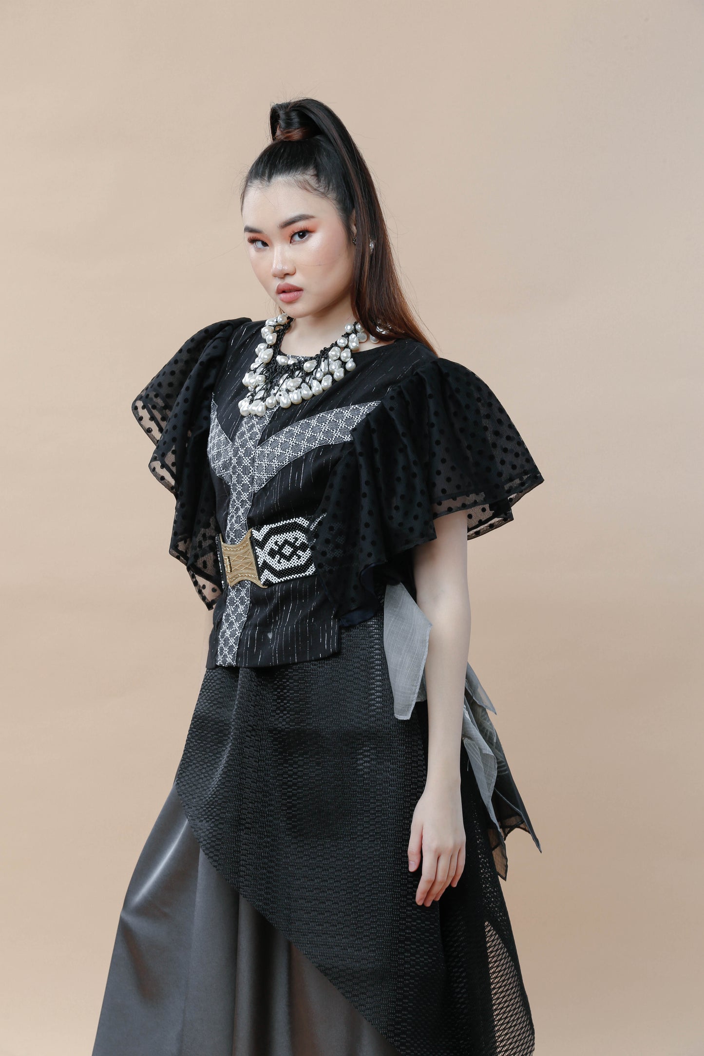 Kundiman Black Bib with Ruffled Sleeves
