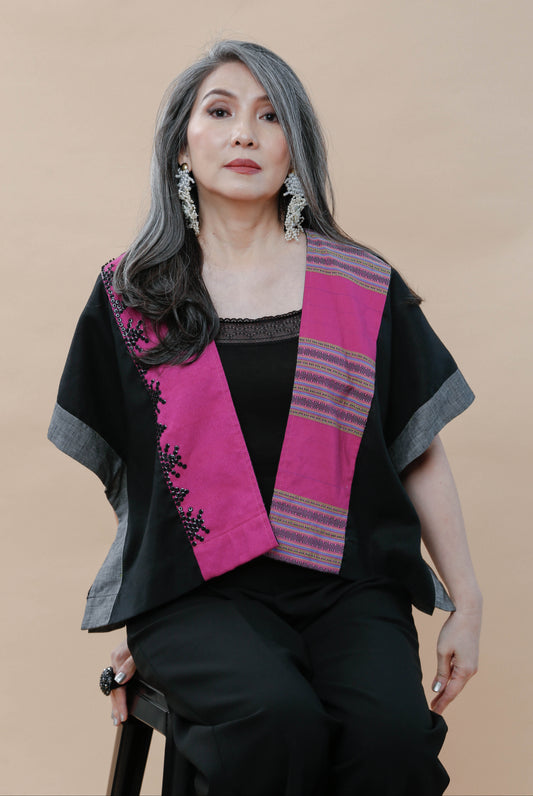 Heritage Poncho Black Linen and Pink Kalinga Weave