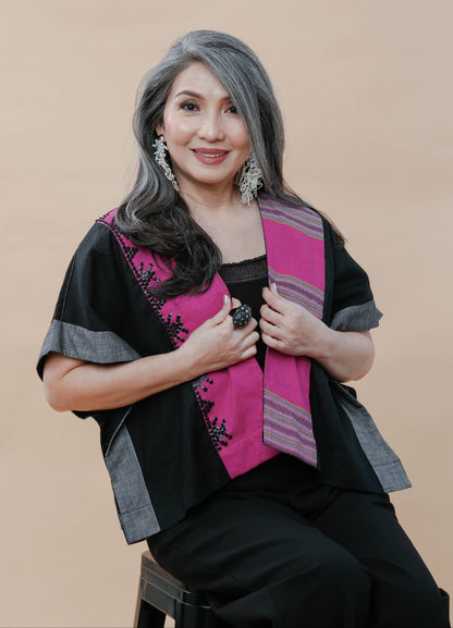 Heritage Poncho Black Linen and Pink Kalinga Weave