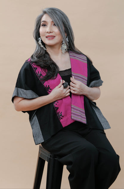 Heritage Poncho Black Linen and Pink Kalinga Weave