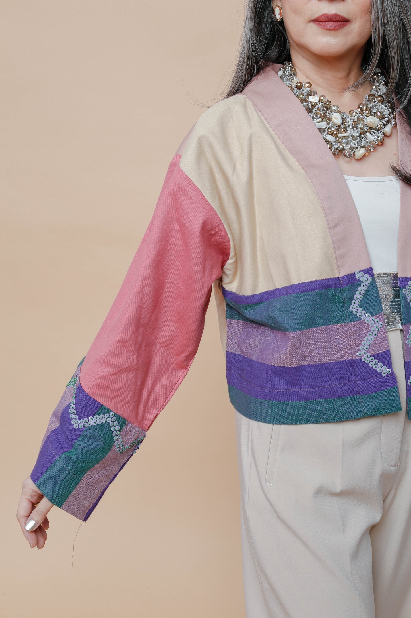 Crop Kimono in Kantarines with Beadworks from Pandi Bulacan