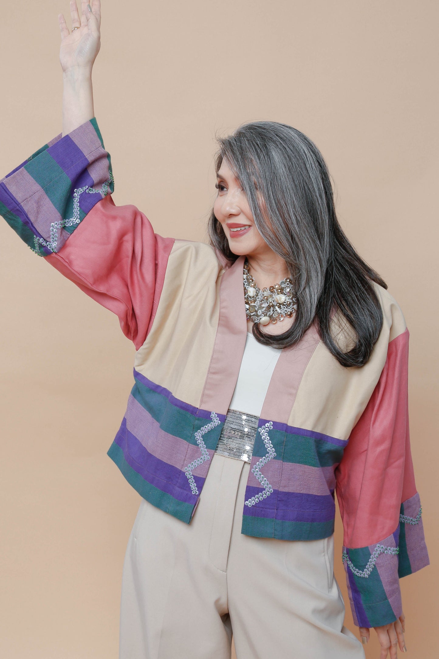 Crop Kimono in Kantarines with Beadworks from Pandi Bulacan
