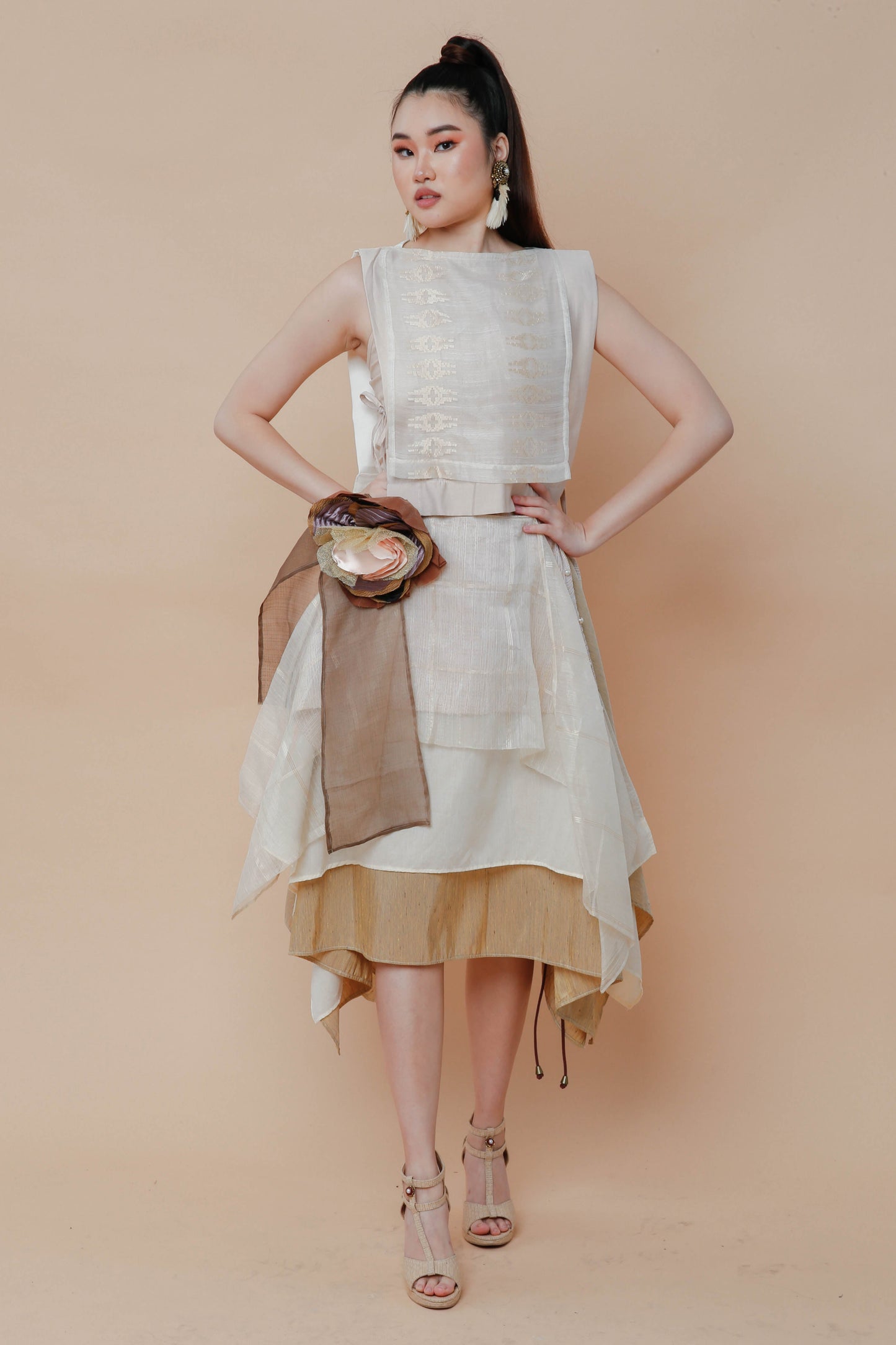 Freestyle Skirt in Barong with Handmade Detachable Floral Corsage